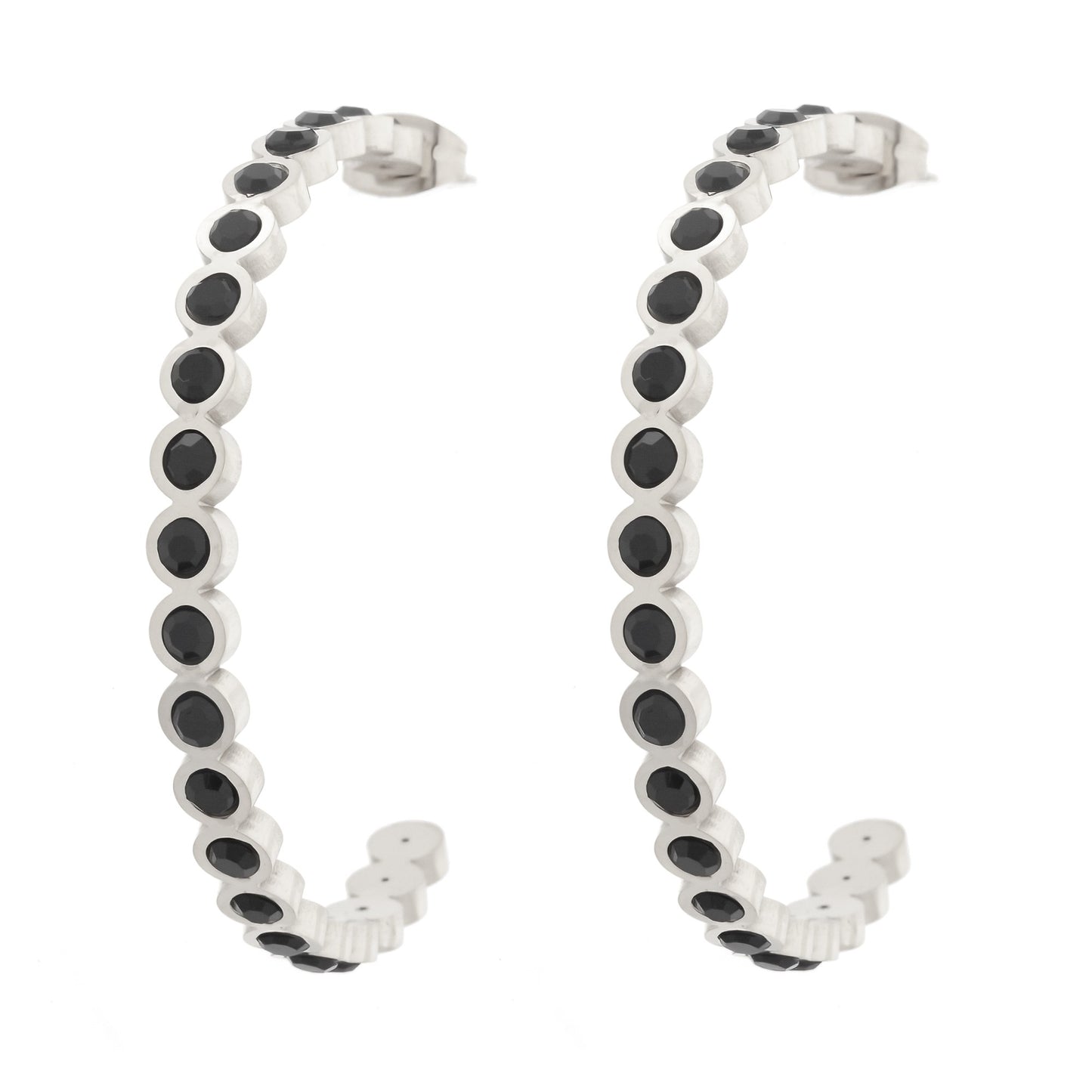 Silver Hoop Earrings with Black Crystals