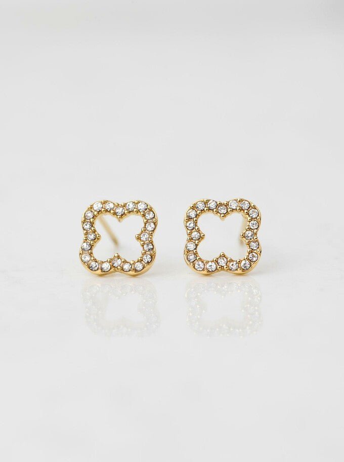 14k Gold Plated Stud Earrings with Open Crystals Clover