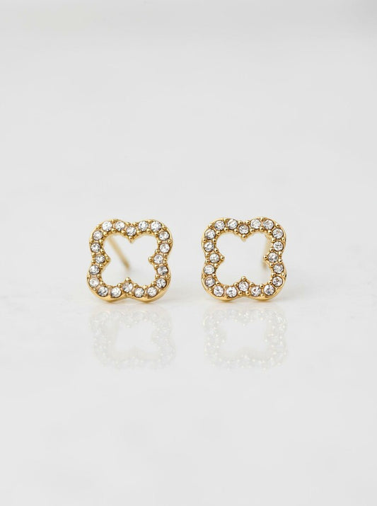 14k Gold Plated Stud Earrings with Open Crystals Clover