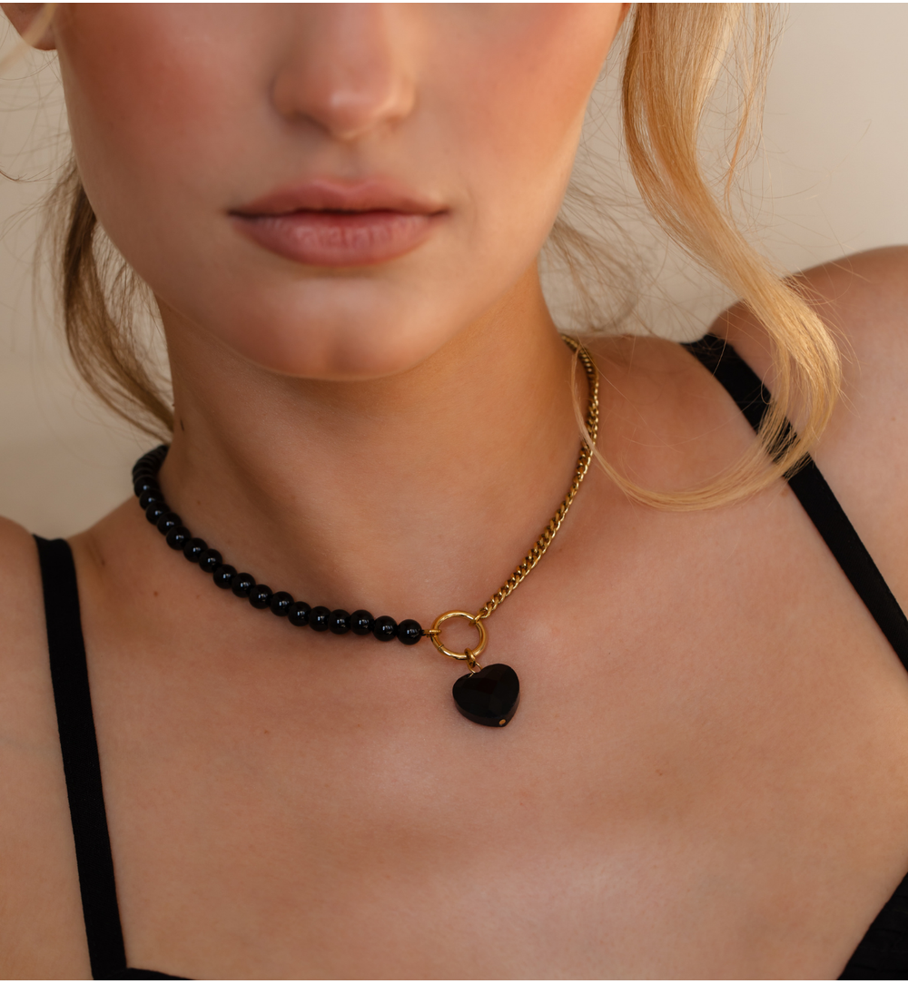 Gold Plated Chain Necklace and Black Onyx with Heart 0611