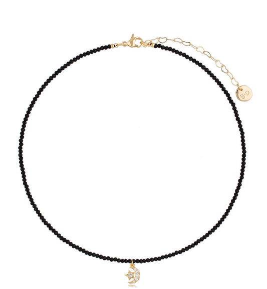 Black Agate Necklace with Crystal Moon & Star