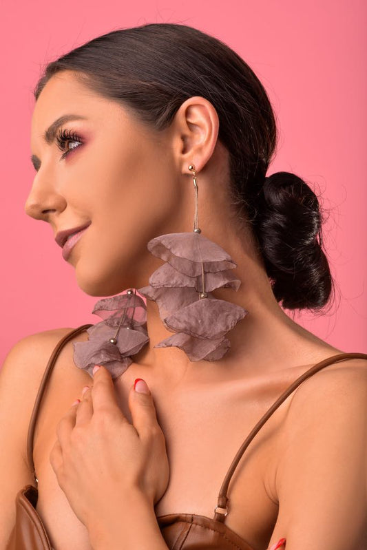 Chocolate Brown Silk Multi Layer Flower Earrings