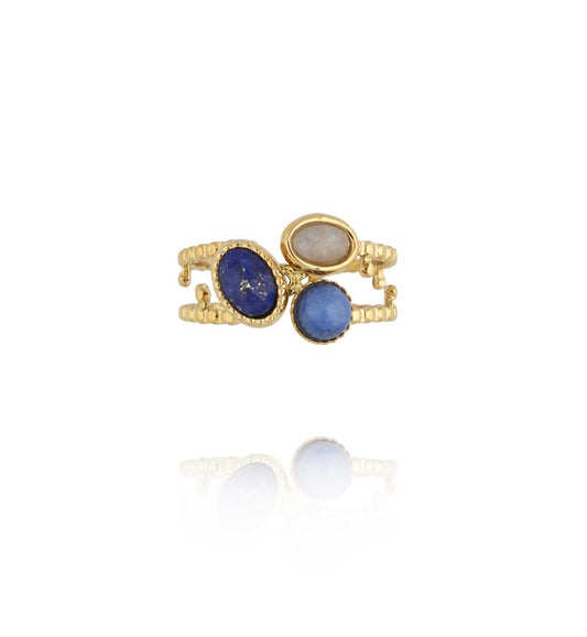 Gold Plated Adjustable Ring with Lapis Lazuli Stones 0090