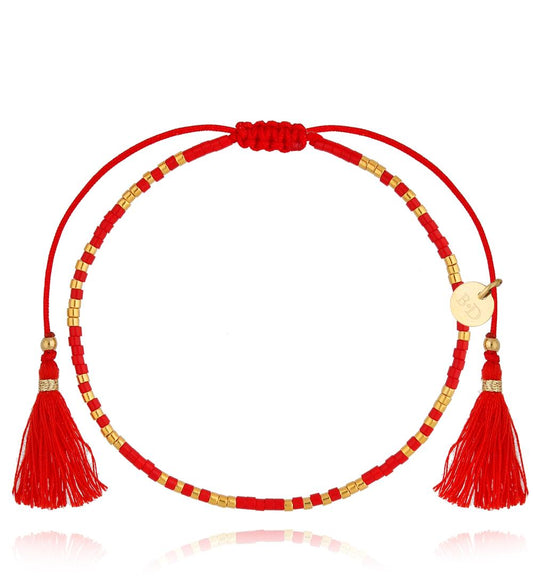Gold Plated Red Beads Bracelet with Red Fringe 1326