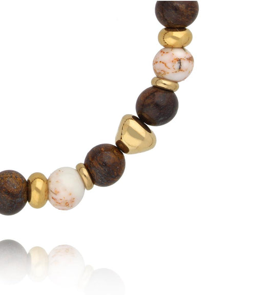 Gold Plated White and Brown Howlite Stones Elastic Bracelet