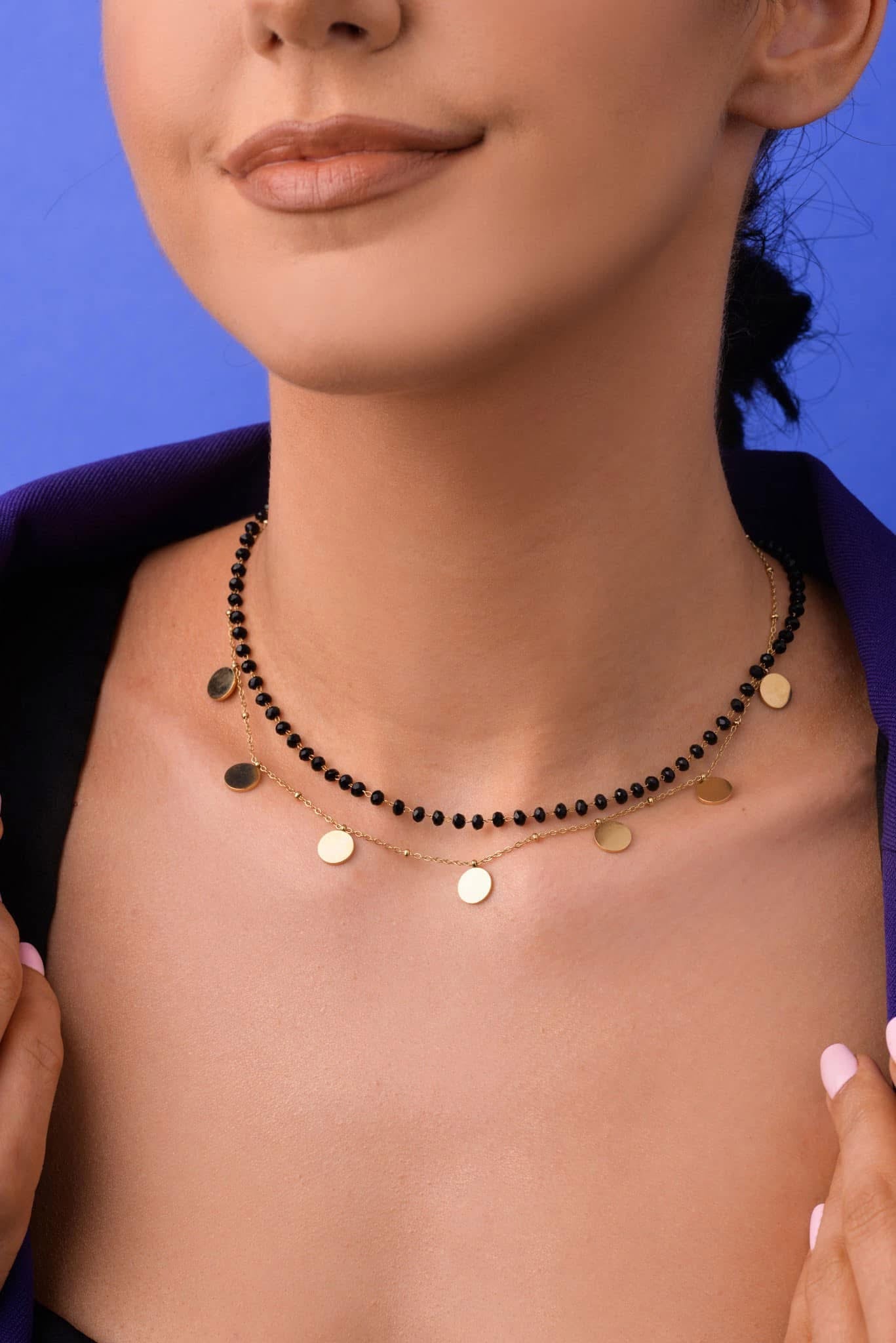 Gold Plated Double Chain Necklace with Black Crystals and Flat Discs