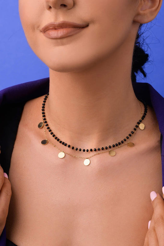 Gold Plated Double Chain Necklace with Black Crystals and Flat Discs
