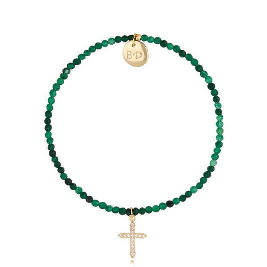 Malachite Stones Bracelet with Zircon Cross Pendant