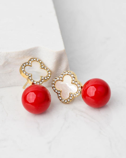 14k Gold Plated White Clover Studs with Red Ball