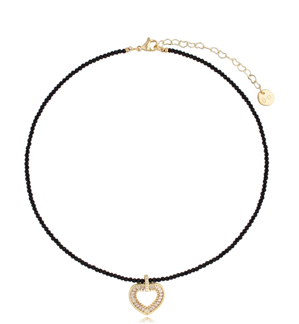 Black Tourmaline Stones Necklace with Crystal Heart 0920