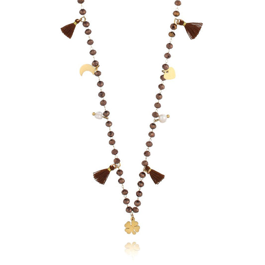 Stainless Steel Brown Crystals & Charms Long Necklace