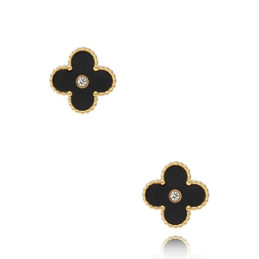 Black Enamel Clover Stud Earrings with Crystal Matilde