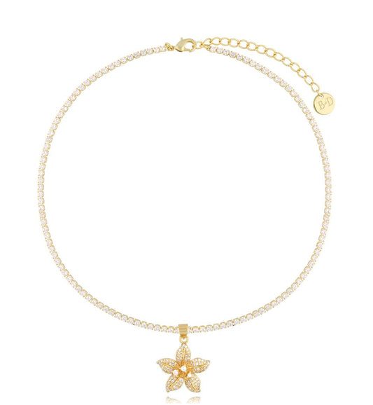 Zirconium Tenis Necklace with Crystal Flower Pendant 0258