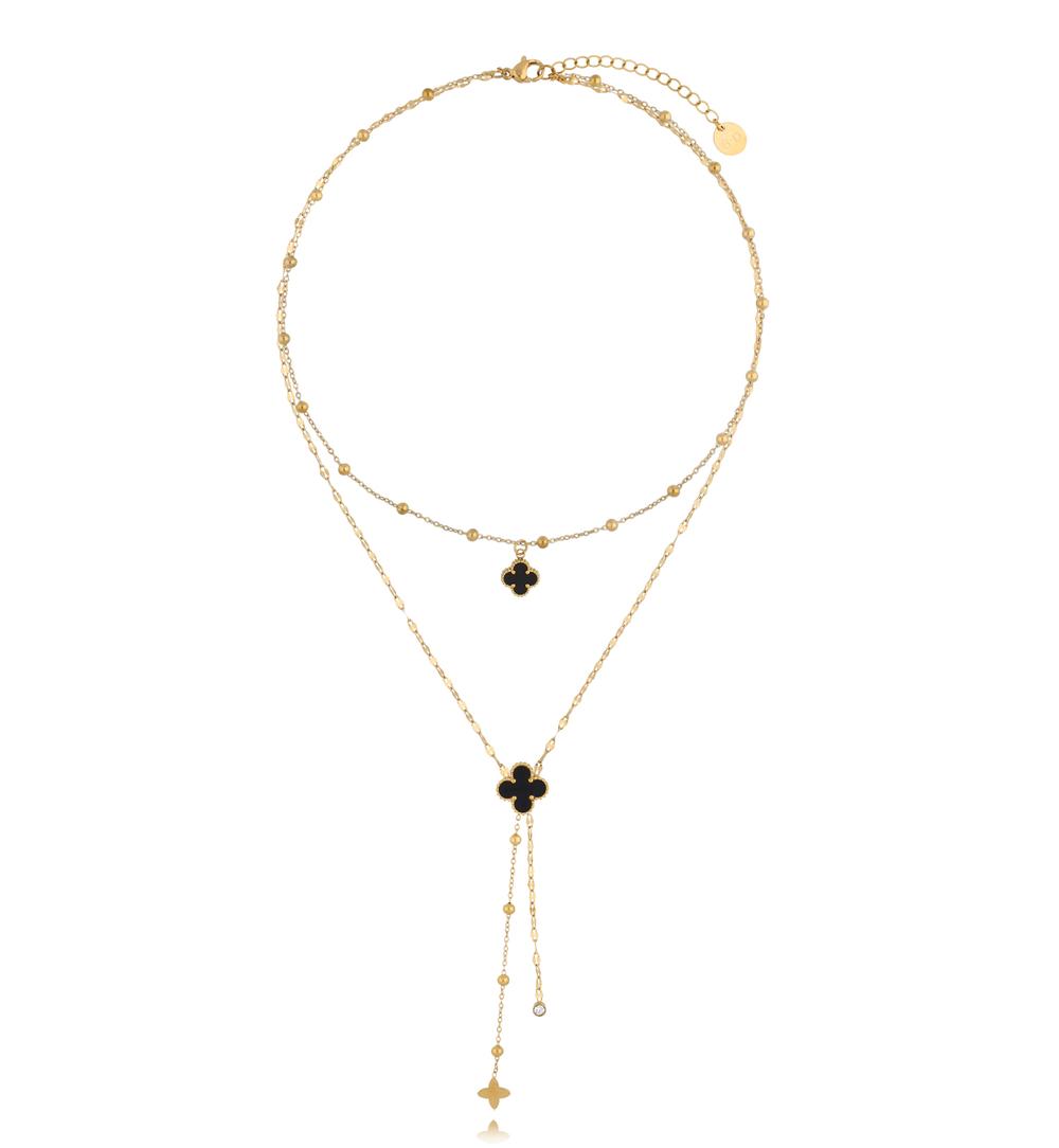 Gold Plated Double Chain Lariat Necklace with Double Side Clovers (Black & White)