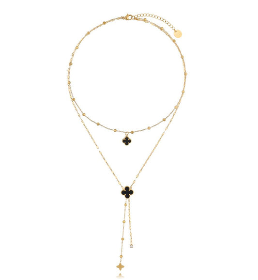 Gold Plated Double Chain Lariat Necklace with Double Side Clovers (Black & White)