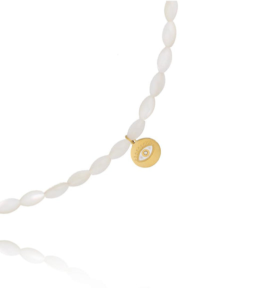 Paradise White Sea Shell Necklace with Evil Eye