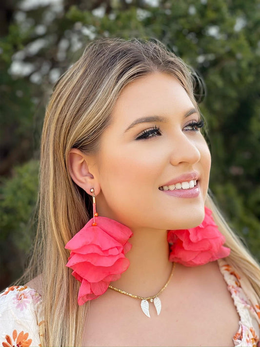 Multi Layer Silk Flower Earrings in Coral