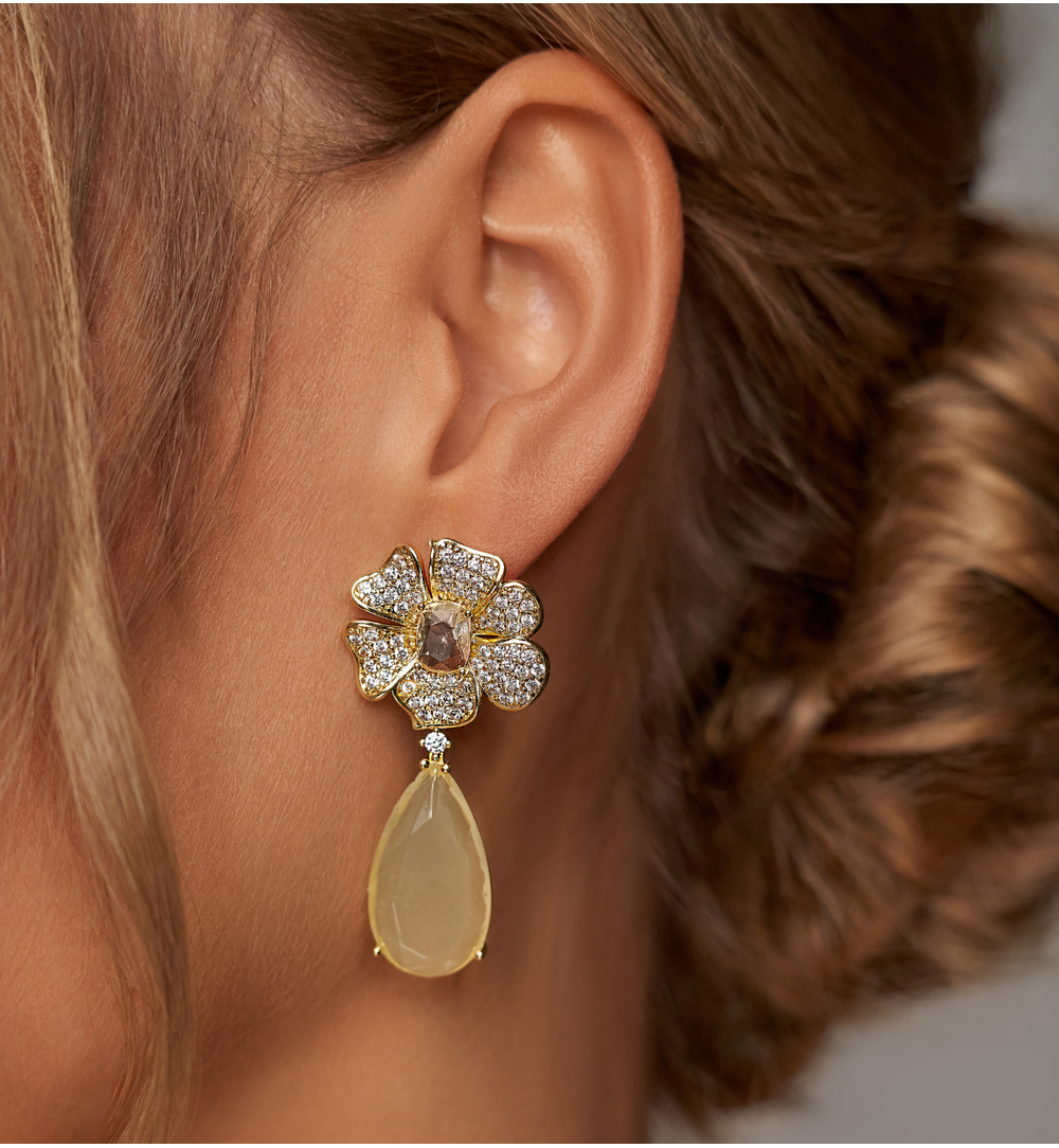 Glamour Zirconium Flower Earrings with Citrine Teardrop Crystal 1594