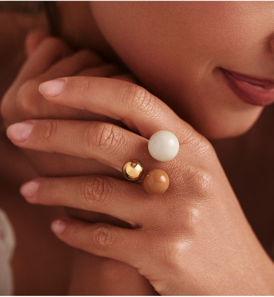 Steel and Shine Enamel Carmel and Dusty Beige Balls Ring 1078