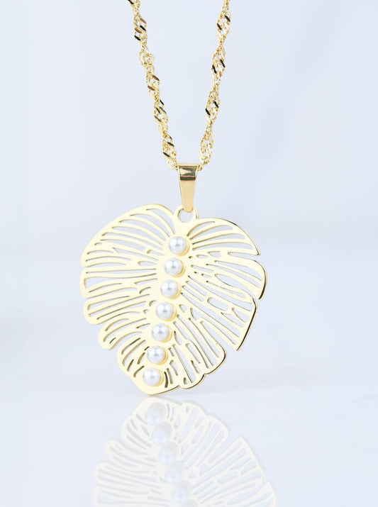 14k Gold Plated Monstera Leaf Necklace with Pearls