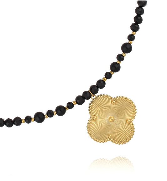 Gold Plated Necklace with Black Tourmaline Stones and Clover