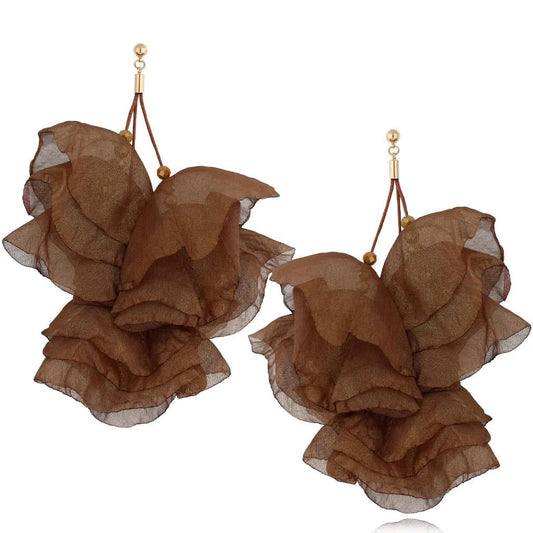 Multi Layer Silk Flower Earrings in Chocolate Brown
