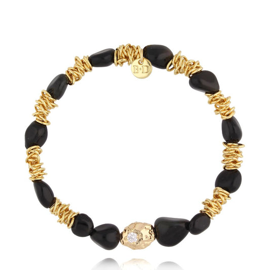 Black Agate Bracelet with Gold Spacers and Crystal