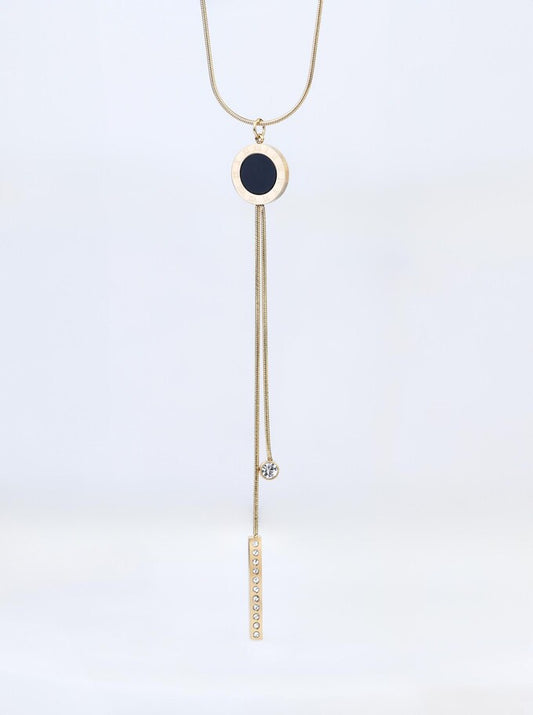 Glamour 14k Gold Plated Y Necklace with Black Enamel Pendant and Crystals