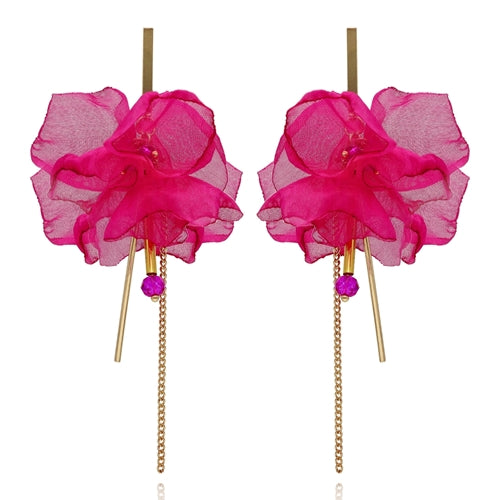 Pink Silk Flower Earrings with Gold Chains & Crystals