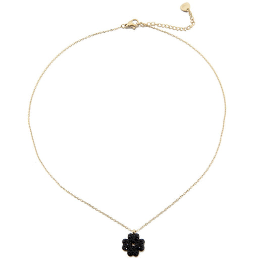 14k Gold Plated Necklace with Black Crystals Clover Pendant