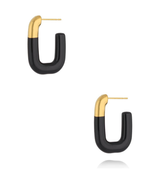 Gold Plated Oval Earrings with Black Enamel