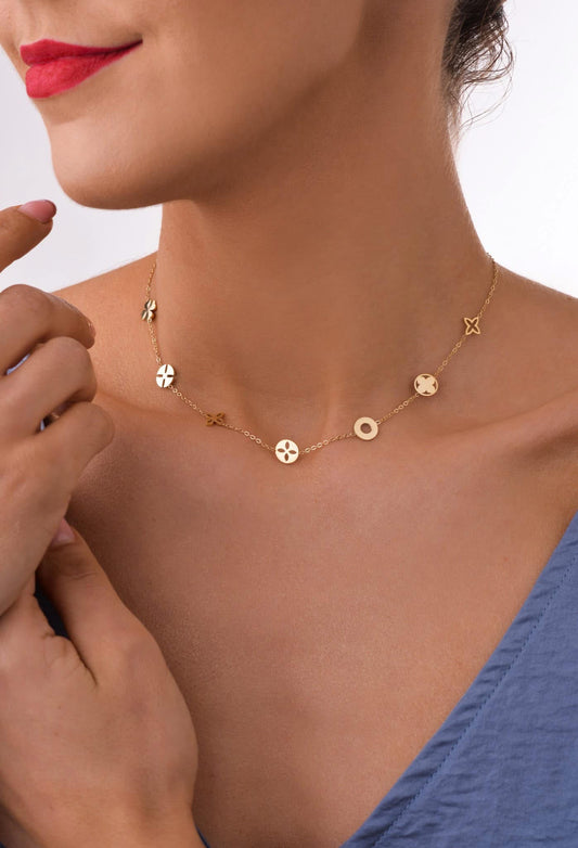 14k Gold Plated Necklace with Lily Flowers and Clovers (CL)