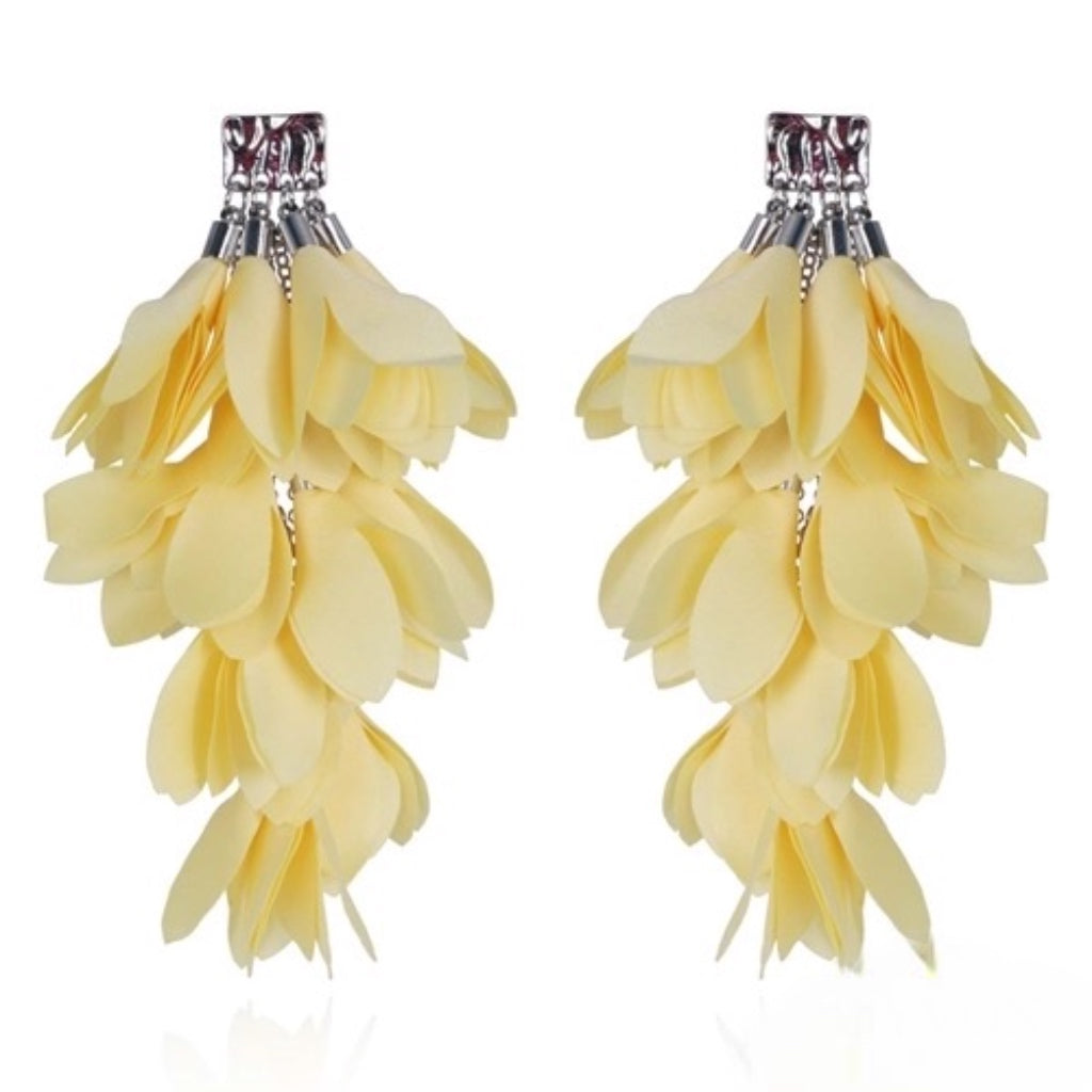 Yellow Satin Flower Petals Earrings with Silver Finishing