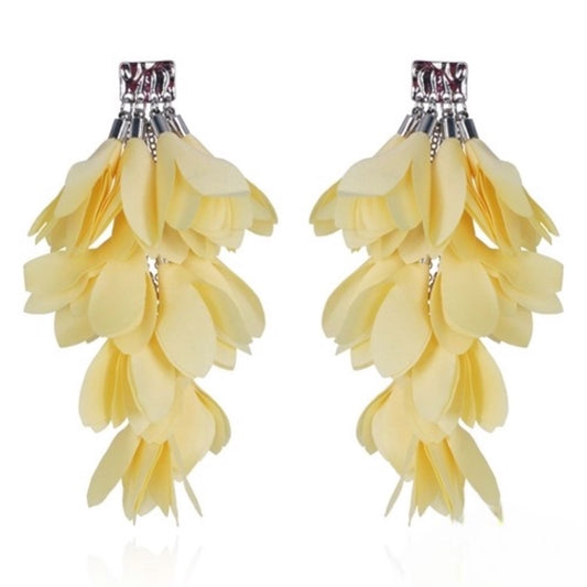 Yellow Satin Flower Petals Earrings with Silver Finishing