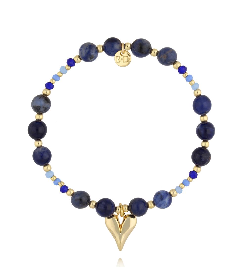Blue Sodalite Stones Bracelet with Gold Heart Pendant 4044