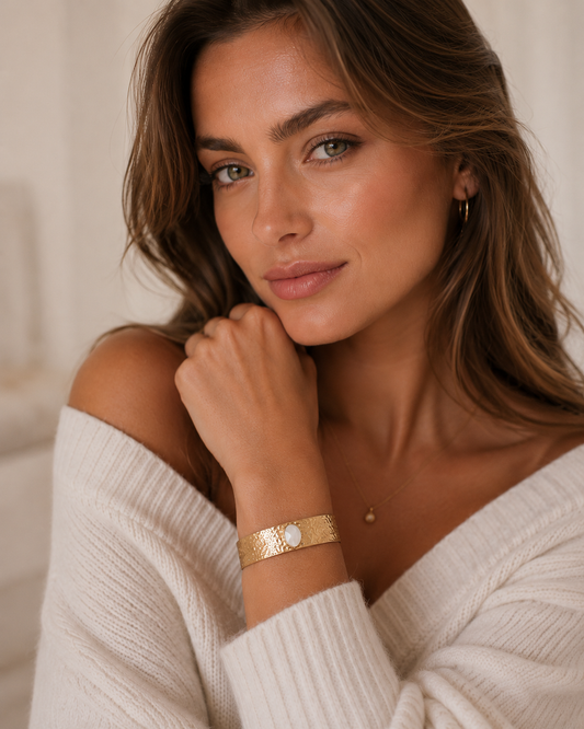 Gold Plated Earth Song Wide Cuff Bracelet with Pearl 0018