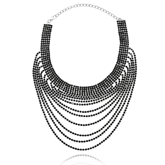 Party Time Layer Black Rhinestones Choker Necklace with Silver Finishing