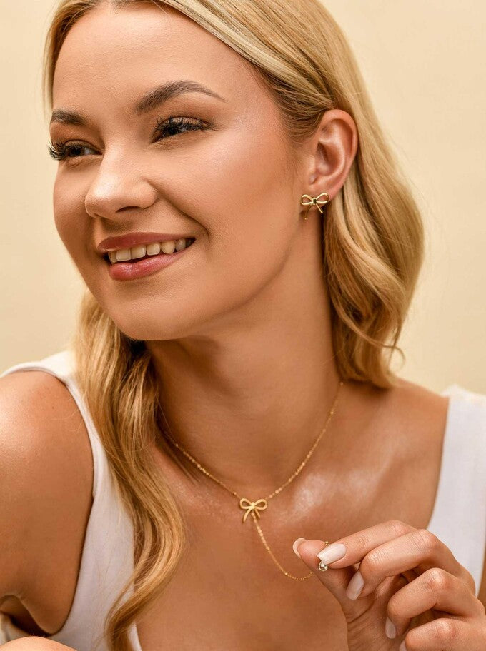 14k Gold Plated Lariat Bow Necklace with Crystal Teardrop
