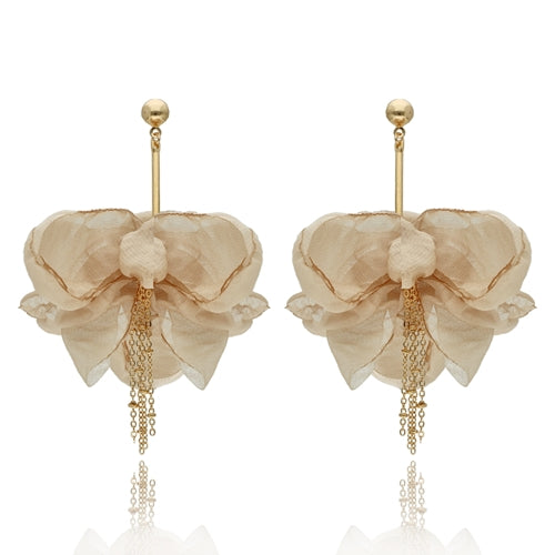 Beige Silk Tulip Earrings with Chains