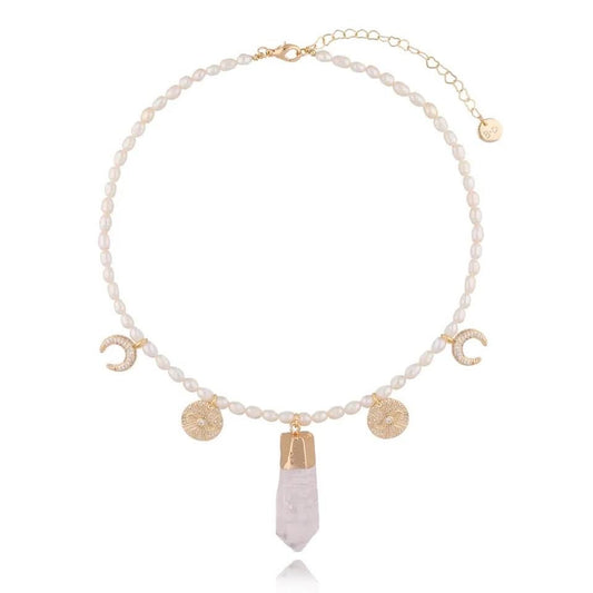 White Pearl Necklace with Large Himalayan Stone and Pendants