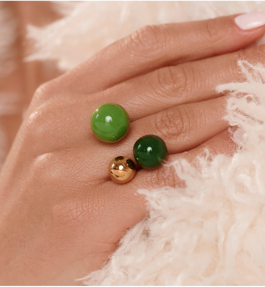 Steel and Shine Enamel Pine Green and Gold Balls Ring 1124