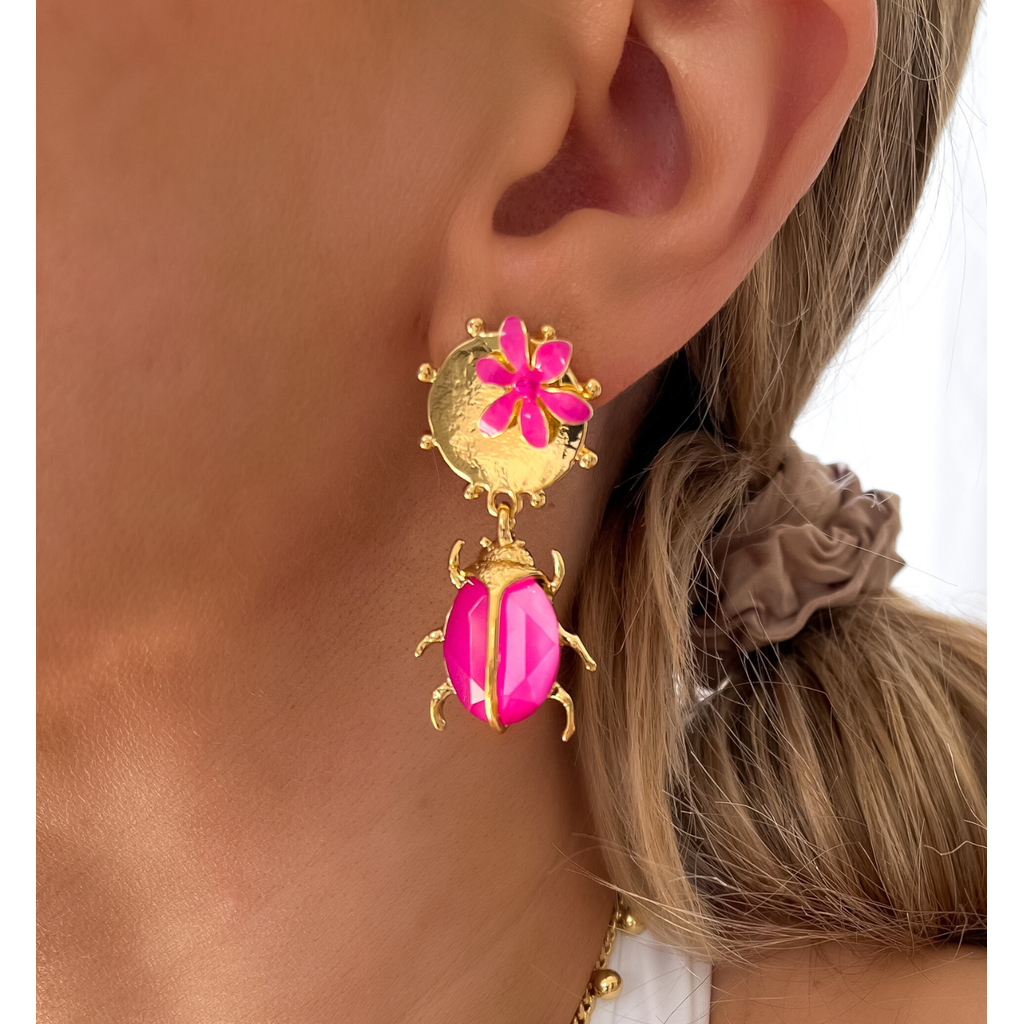 New! ~ Gold Earrings with Pink Beetle Siyo