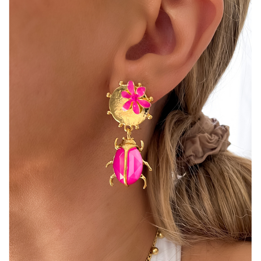 Gold Earrings with Pink Beetle Siyo