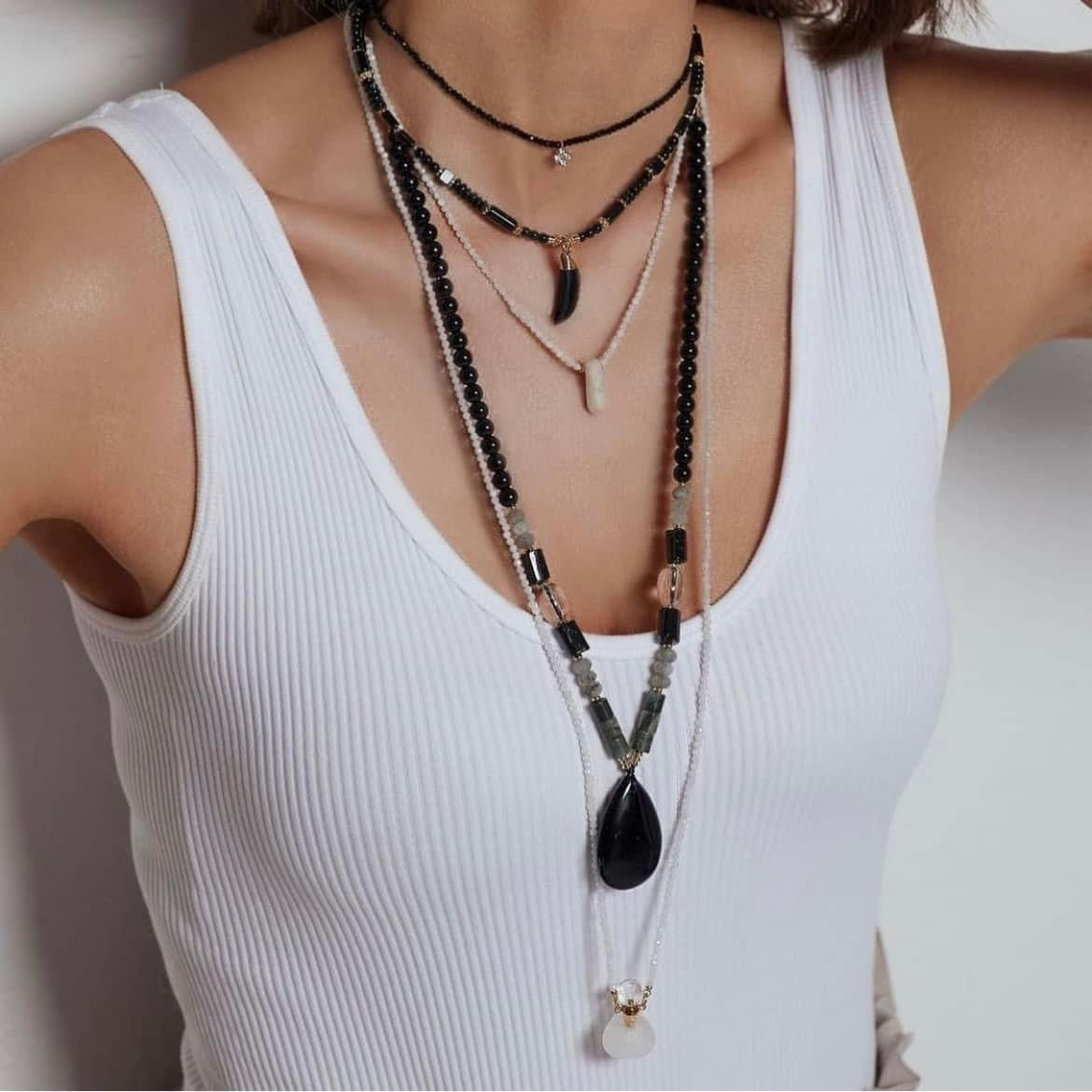 Black Agate Necklace with Horn Pendant