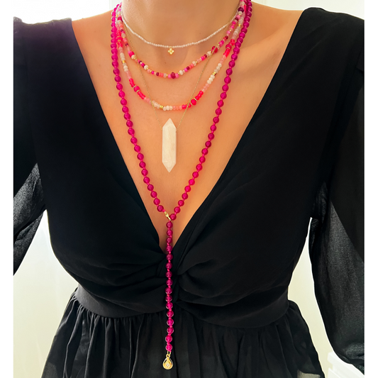 Burgundy Jadeite Stones Long Necklace with Teardrop Pendant