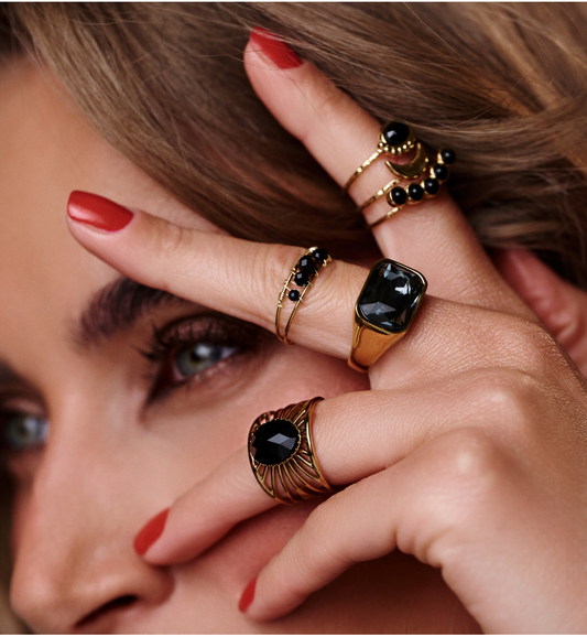 Gold Plated Adjustable Ring with Black Agate Stones