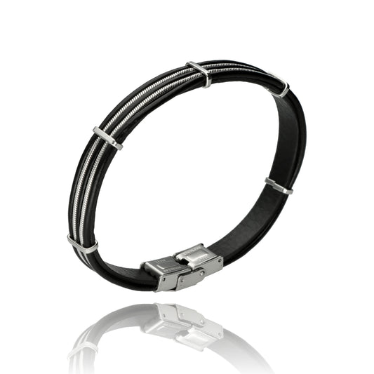 Black Leather & Stainless Steel Bracelet