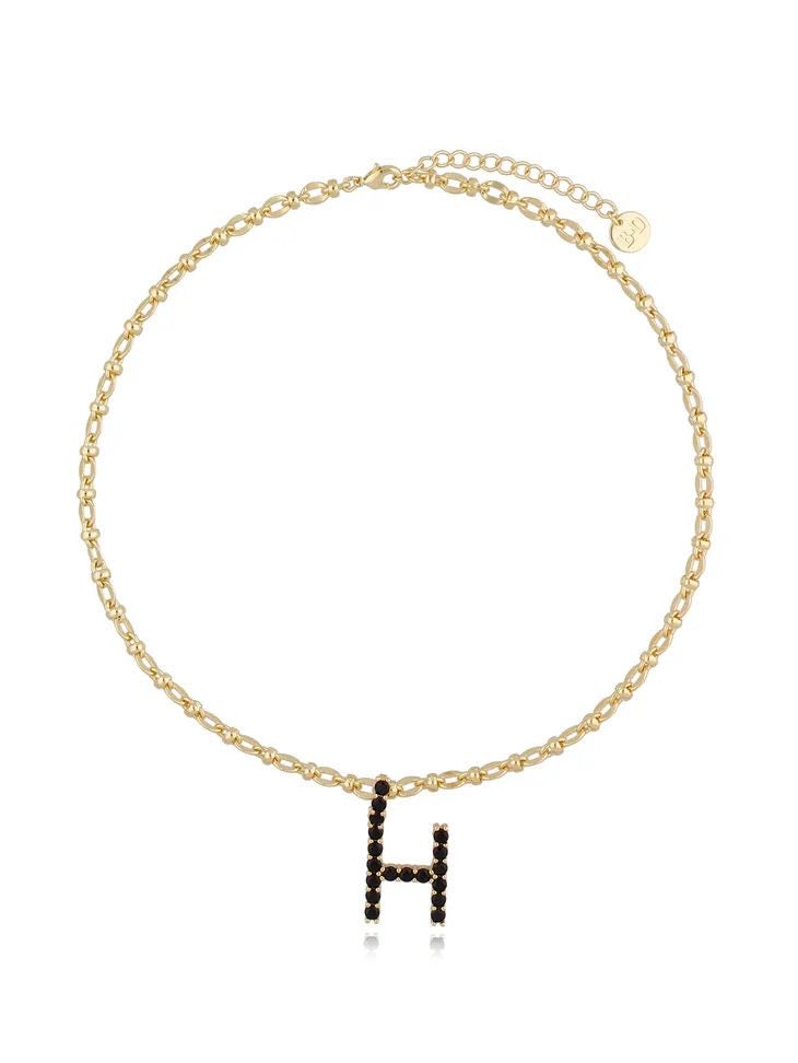 Gold Knots Chain Necklace with Black Crystals Letter H
