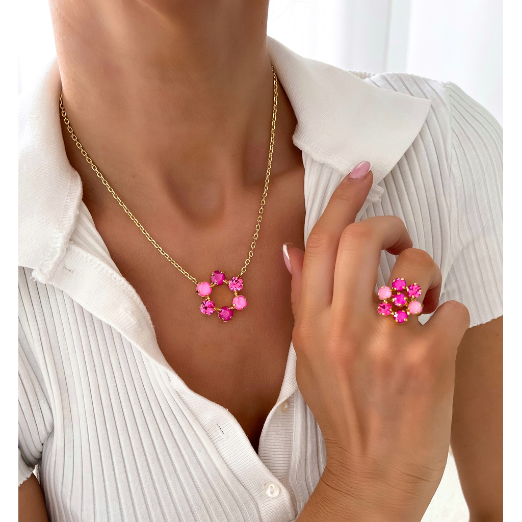 Necklace with Pink and Fuchsia Crystals Flower Pendant