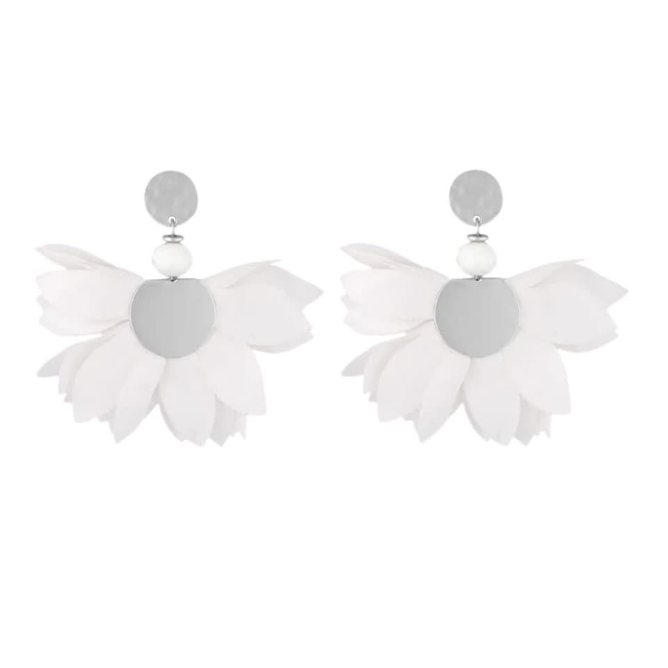 White with Silver Finishing Satin Flower Earrings